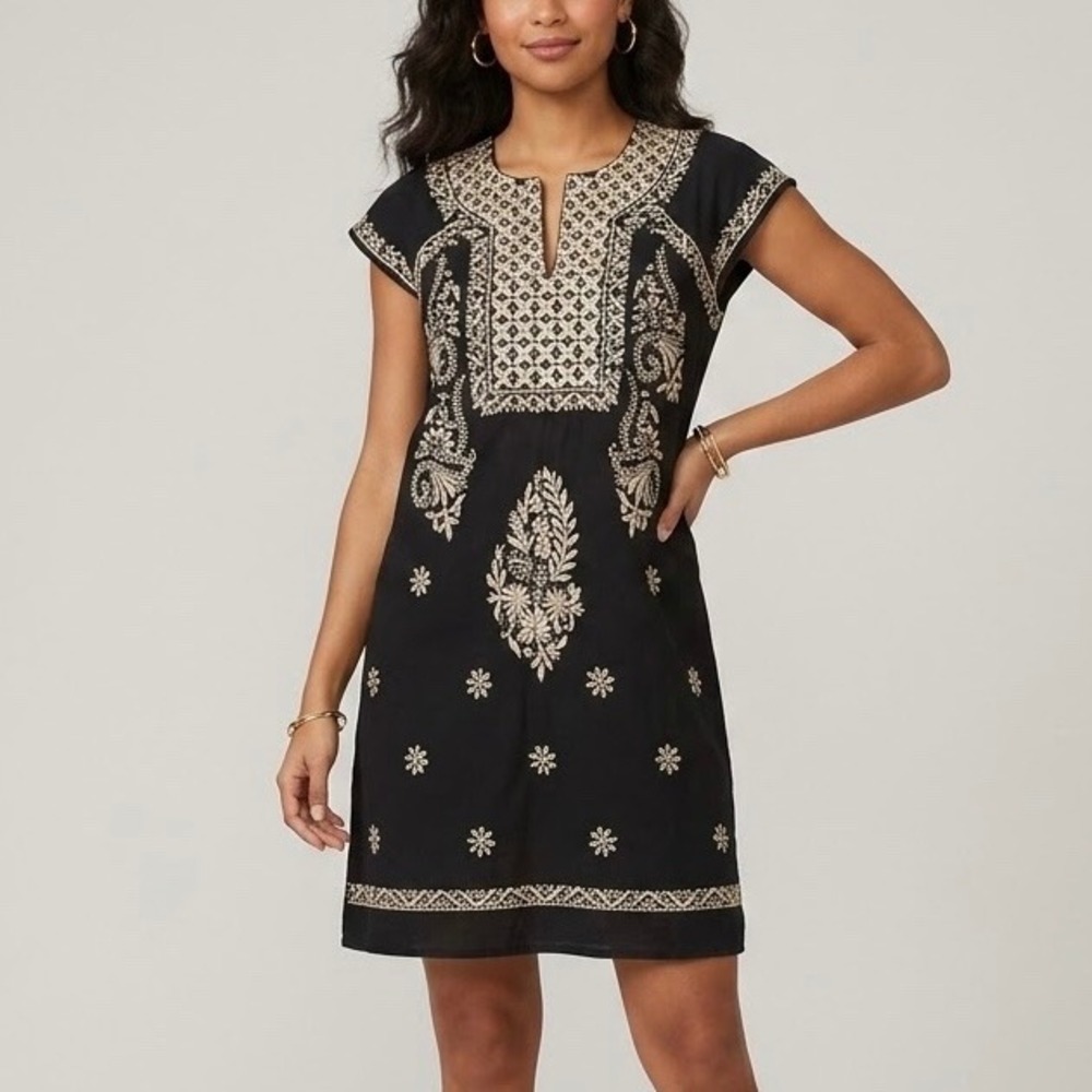 Roller Rabbit Faith Shift Dress Black Gold Metallic Embroidered Cotton Sz Small
